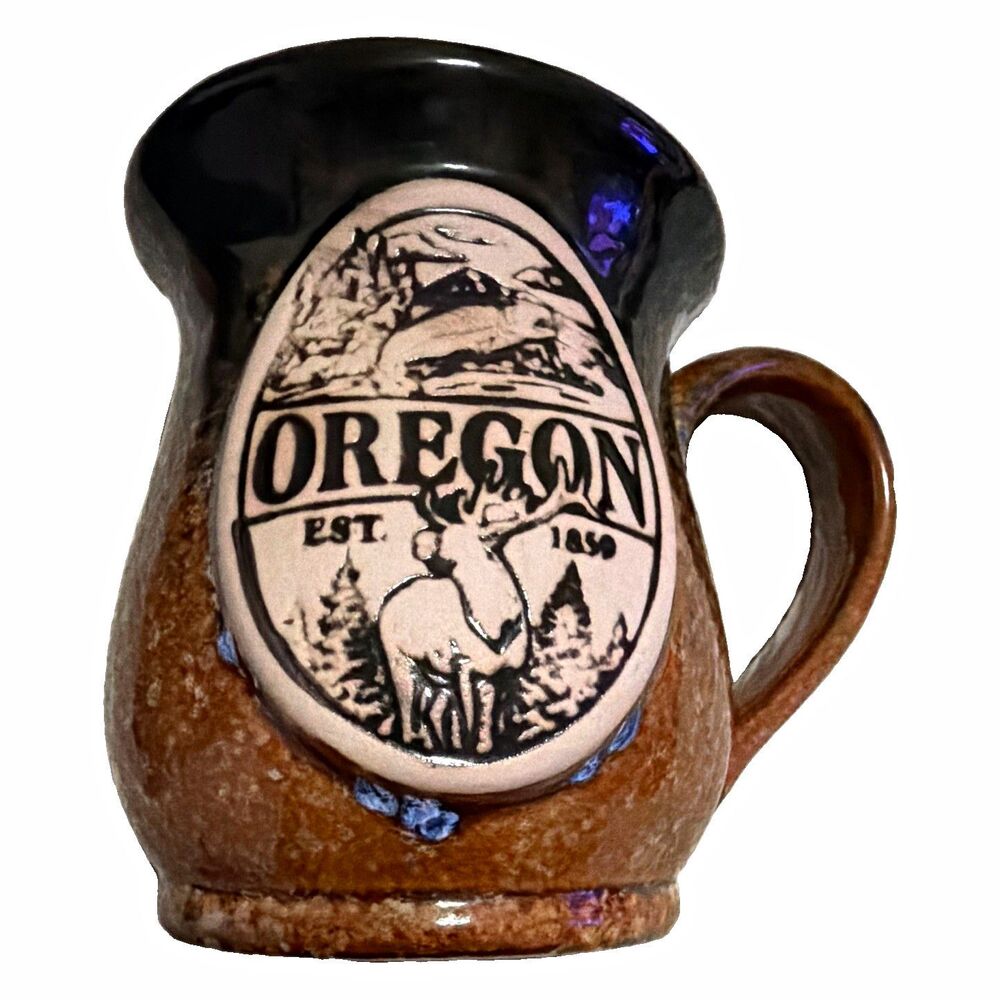 Oregon EST 1859 ceramic Great Outdoors Belly Mug Rustic Brown Glaze Elk